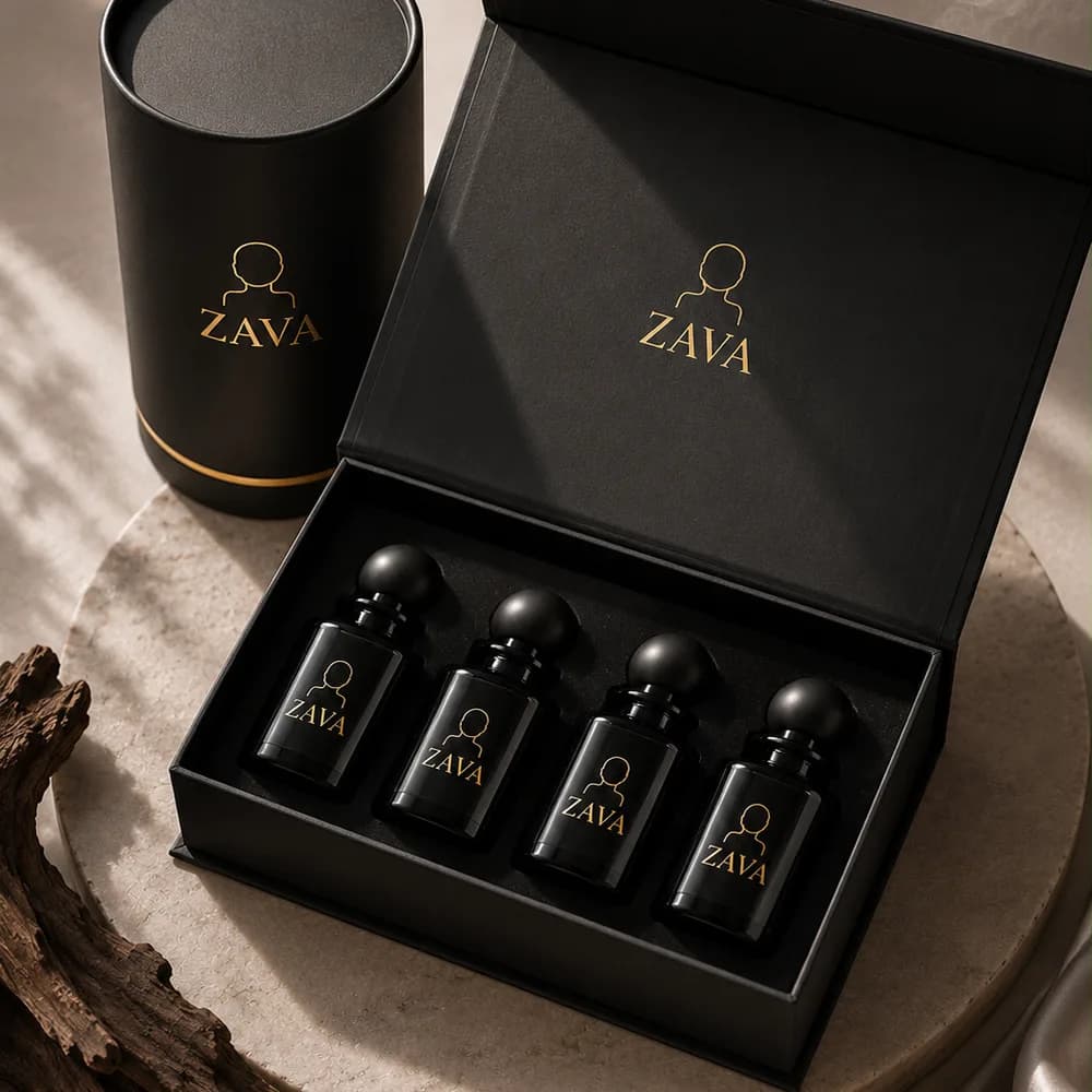 Zava Black Collection gift set on warm travertine